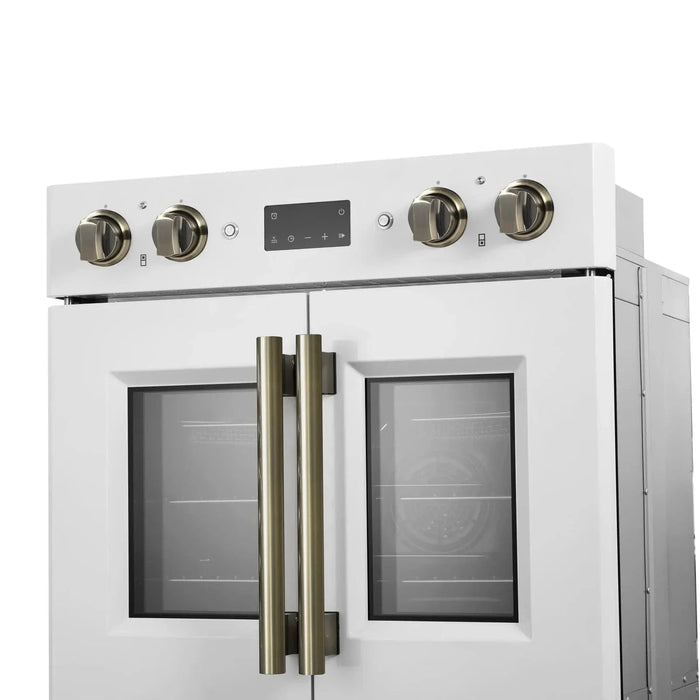Forno Asti 30" Double Electric Wall Oven, Upper French Doors, White with Antique Brass Trim, FBOEL1340-30WHT09K
