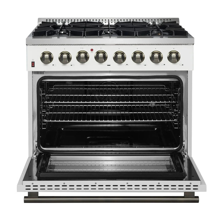 Forno Galiano Gold Professional - 36"Freestanding Dual Fuel Range Gas Stove, Electric Oven White, Antique Brass Trim, FFSGS6156-36WHT09K