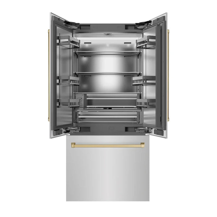 ZLINE 36" French Door Built-In Bottom Freezer Refrigerator, Water Dispenser, Ice Maker, Stainless Steel, Accents SRBIVZ-304-36CB09K
