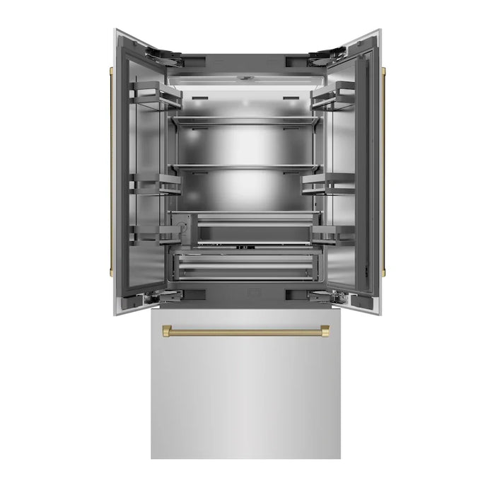 ZLINE Autograph Edition 36" French Door Built-In Bottom Freezer Refrigerator, Water Dispenser, Ice Maker, Stainless Steel, Stainless Steel Interior, Helix Handles SRBIVZ-30436KCB09K