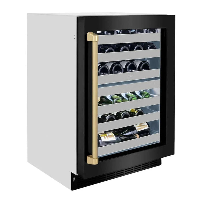ZLINE 24" Touchstone Dual Zone 44 Bottle Wine Cooler Black Stainless Steel Glass Door Champagne Bronze Handle  RWDOZ-BS-24-CB09K