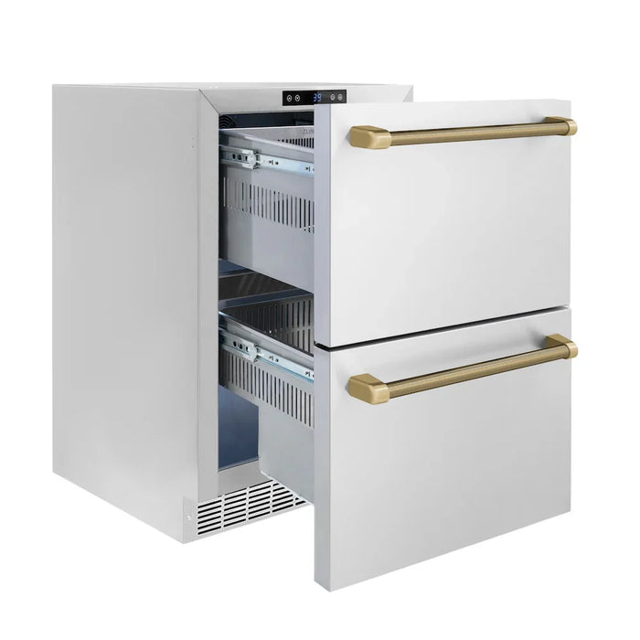 ZLINE Autograph Edition 24" Touchstone 168 Can Outdoor-Rated Dual Refrigerator Drawer, Stainless Steel Doors, Helix Handle RDSOZ-ST-24-KCB09K