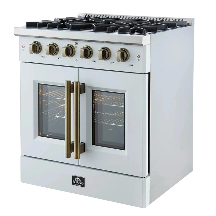 Forno Galiano 30" French Door Gas on Gas Range White Antique Brass Trim FFSGS6444-30WHT09K