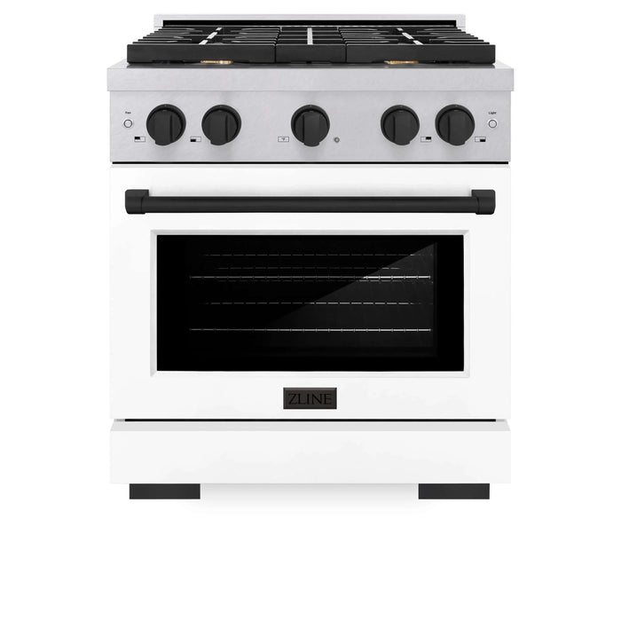 ZLINE 30"Paramount Dual Fuel Range DuraSnow® White Matte, Matte Black SDRSZ-WM-30-MB09K