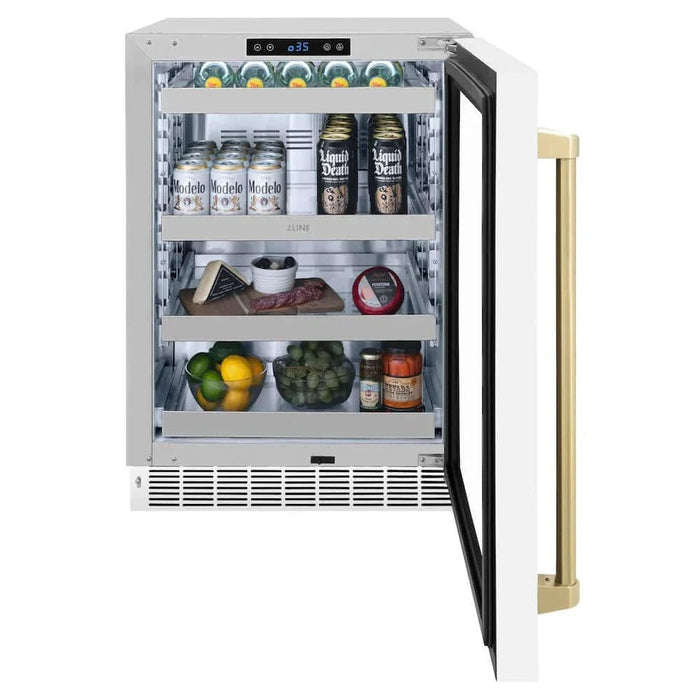 ZLINE 24" Touchstone 151 Can Beverage Fridge White Matte Glass Door Champagne Bronze Handle RBSOZ-WM-24-CB09K