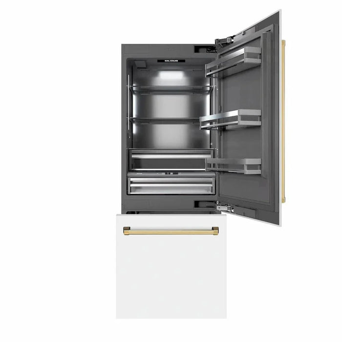 ZLINE 30" Built-In Bottom Freezer Refrigerator with Water Dispenser, Ice Maker, White Matte, Graphite Gray Interior, Polished Gold GRBIVZ-WM-30-G09K