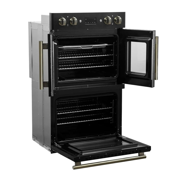 Forno Asti 30" Double Electric Wall Oven, Upper French Doors, Black with Antique Brass Trim, FBOEL1340-30BLK09K