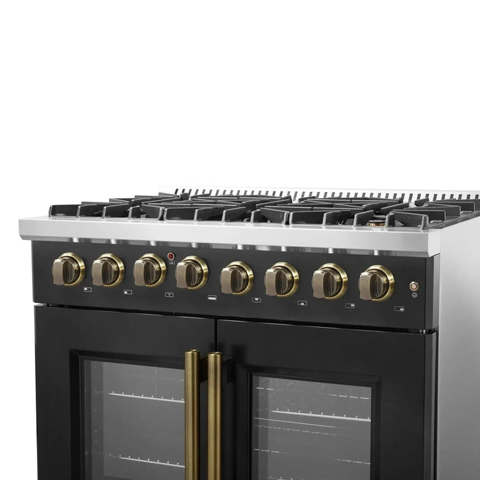 Forno Galiano 36"French DoorDual Fuel Range, Gas Stove, Electric Oven Black, Antique Brass Trim, FFSGS6356-36BLK09K