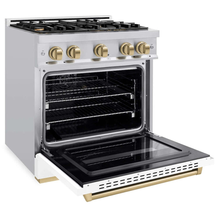 ZLINE 30" Dual Fuel Range, Gas Cooktop, Electric Convection Oven Stainless Steel, White Matte Champagne Bronze CDRZ-WM-30-CB09K