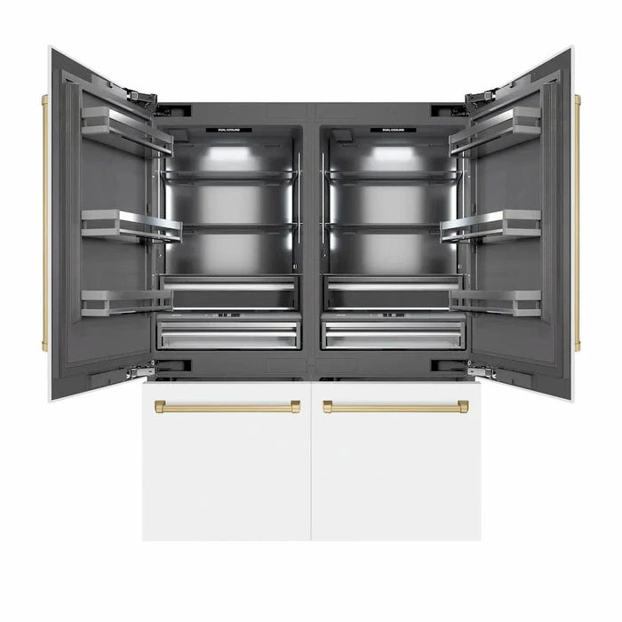 ZLINE 60" Built-In Bottom Freezer Refrigerator with Water Dispenser, Ice Maker, White Matte, Graphite Gray Interior, Champagne Bronze GRBIVZ-WM-60-CB09K