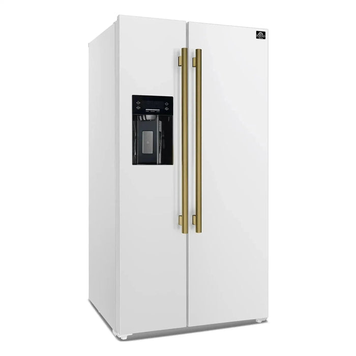 Forno Espresso Salerno 36"Side-by-Side Refrigerator, Water Dispenser, White with Antique Brass Handle FFRBI1844-36WHT09K