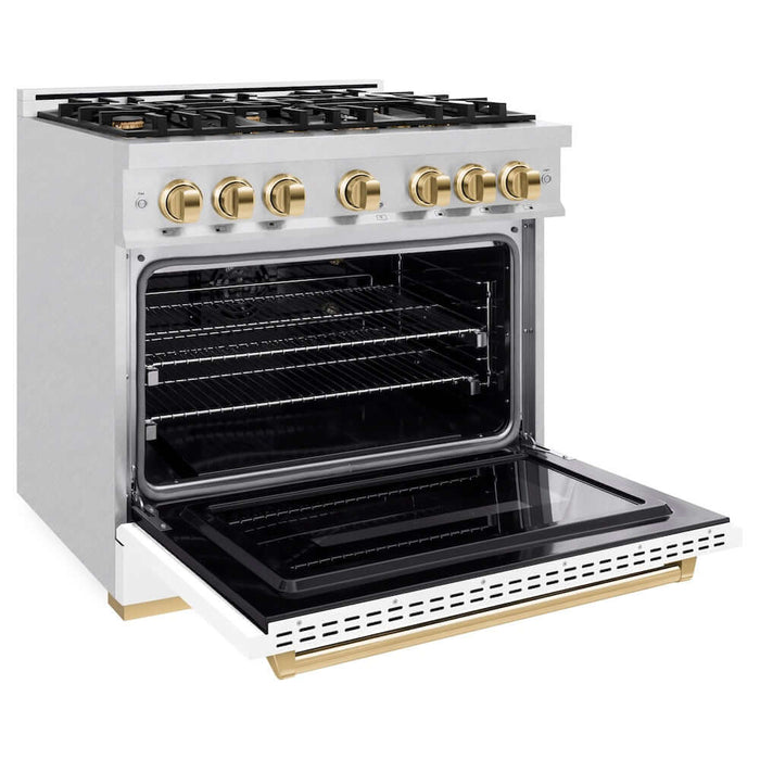 ZLINE 36"Classic Gas Range, Convection Gas Oven, DuraSnow® Stainless Steel, White Matte Door Polished Gold CGRSZ-WM-36-G09K
