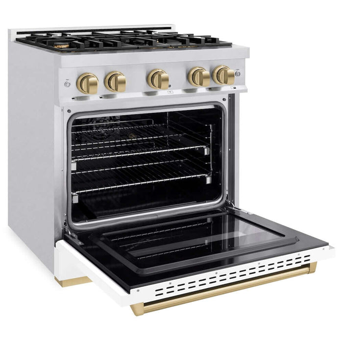 ZLINE 36" Dual Fuel Range, Gas Cooktop, Electric Convection Oven DuraSnow® Stainless Steel, White Matte Door Polished Gold CDRSZ-WM-36-G09K