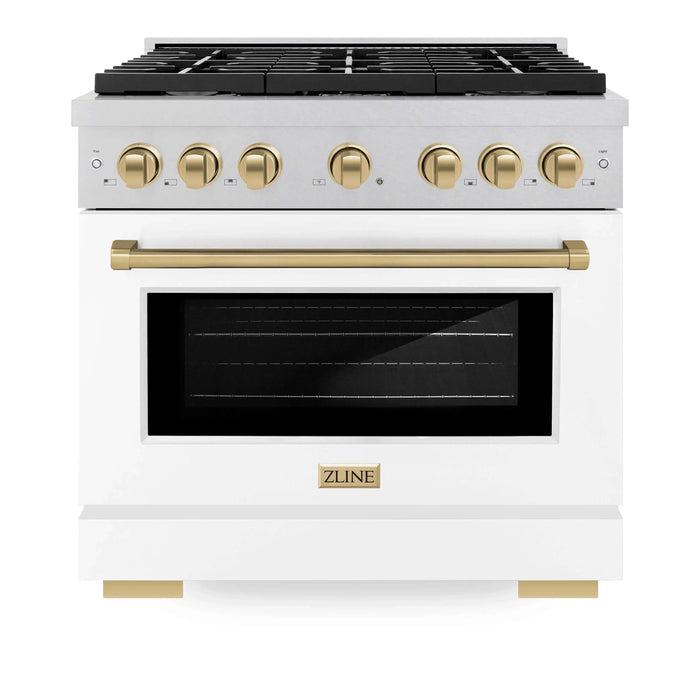 ZLINE 36"Paramount Dual Fuel Range DuraSnow® White Matte, Champagne Bronze SDRSZ-WM-36-CB09K