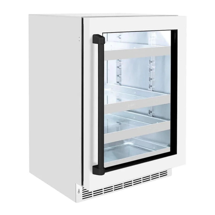 ZLINE 24" Touchstone 151 Can Beverage Fridge White Matte Glass Door Matte Black Handle RBSOZ-WM-24-MB09K