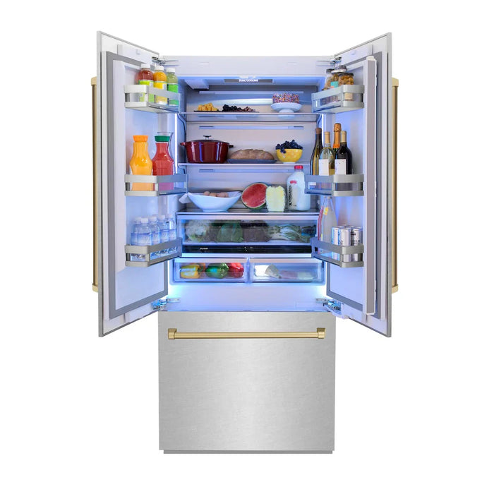 ZLINE Autograph Edition 36" French Door Built-In Bottom Freezer Refrigerator, Water Dispenser, Ice Maker, Satin Stainless Steel, Accents RBIVZ-SN-36-CB09K