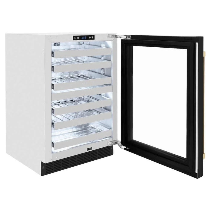 ZLINE 24" Touchstone Dual Zone 44 Bottle Wine Cooler Black Matte Glass Door Champagne Bronze Handle RWDOZ-BLM-24-CB09K