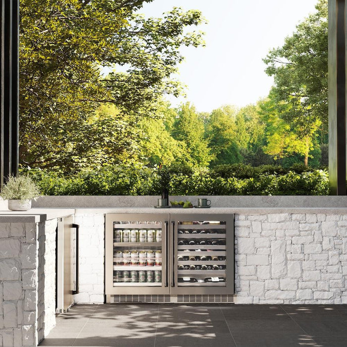 ZLINE 24" Touchstone 151 Can Beverage Fridge DuraSnow® Stainless Steel Glass Door Polished Gold Handle RBSOZ-SN-24-G09K