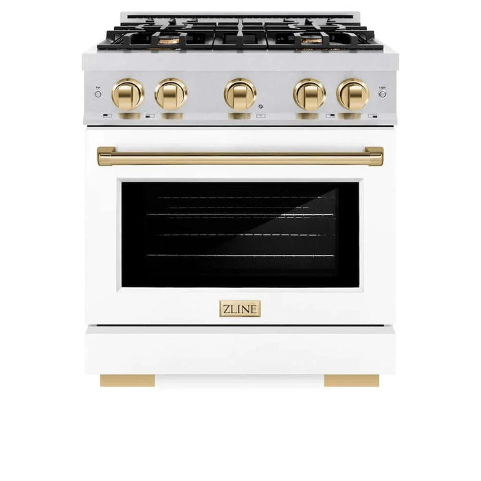 ZLINE 30" Select Dual Fuel Range Gas Cooktop Electric Convection Oven DuraSnow® Stainless Steel White Matte Door Polished Gold HDRSZ-WM-30-G09K