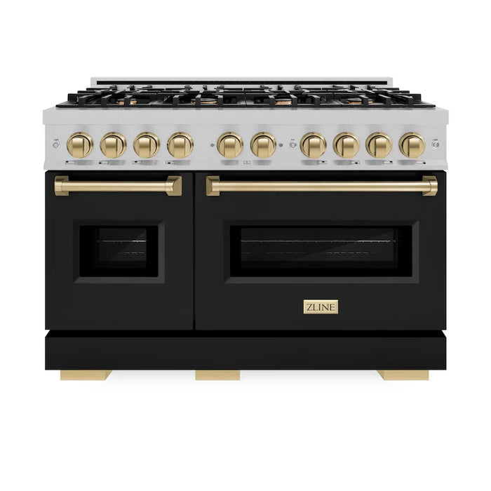 ZLINE 48" Classic Double Oven Dual Fuel Range, 8 Burner Gas Cooktop, Satin Stainless Steel, Black Matte Doors, Accents CDRSZ-BLM-48-CB09K
