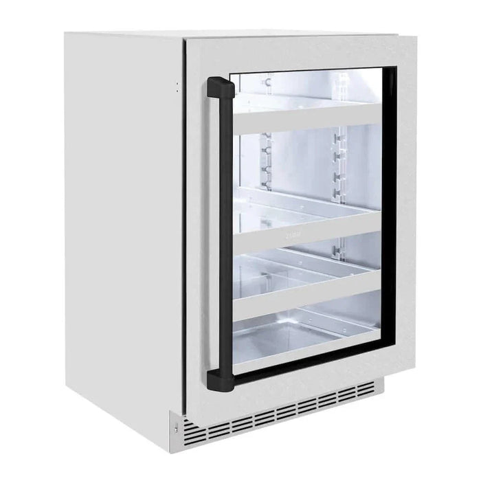 ZLINE 24" Touchstone 151 Can Beverage Fridge DuraSnow® Stainless Steel Glass Door Matte Black Handle RBSOZ-SN-24-MB09K