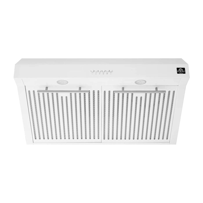 Forno Espresso Package - 30" Electric Range, Range Hood and Refrigerator in White with Silver Handles, FBDL-001-03US09K