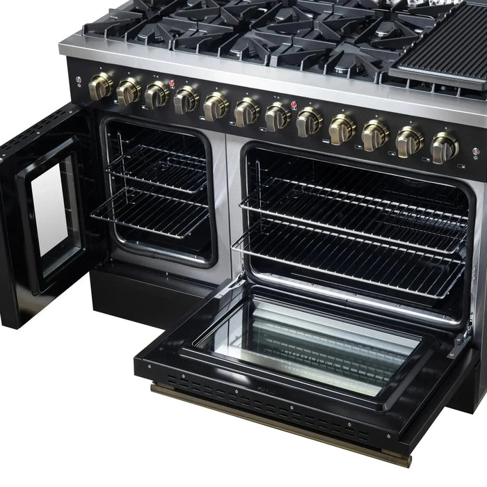 Forno Galiano 48" French Door Dual Fuel Range, 8 Burners, Electric Convection Oven, Black Antique Brass Trim, FFSGS6356-48BLK09K