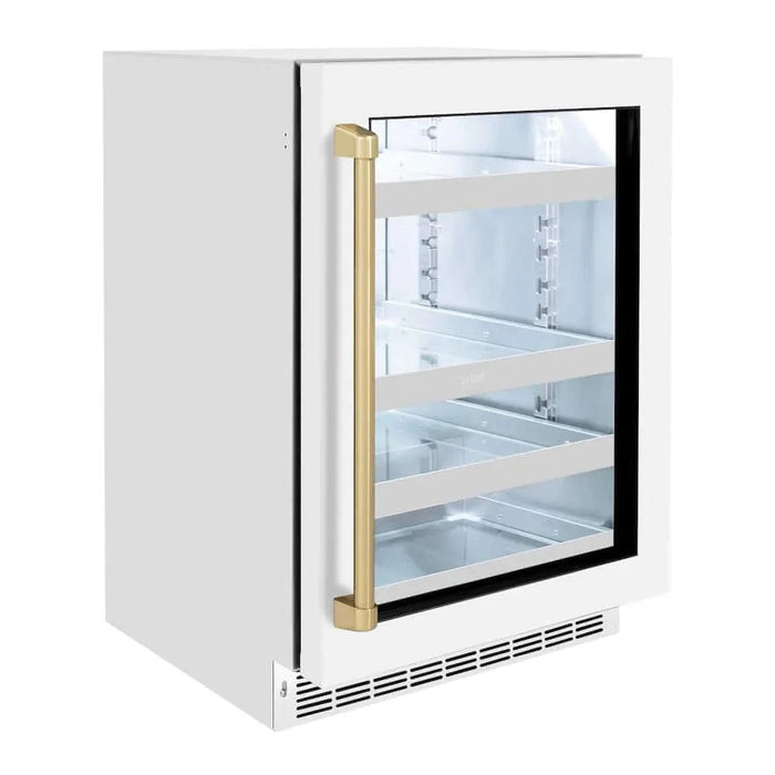 ZLINE 24" Touchstone 151 Can Beverage Fridge White Matte Glass Door Champagne Bronze Handle RBSOZ-WM-24-CB09K