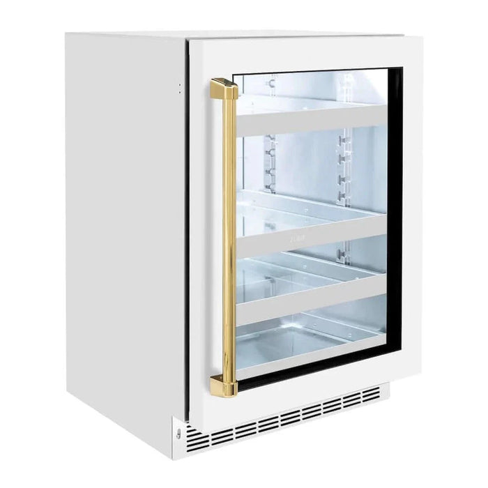 ZLINE 24" Touchstone 151 Can Beverage Fridge White Matte Glass Door Polished Gold Handle RBSOZ-WM-24-G09K
