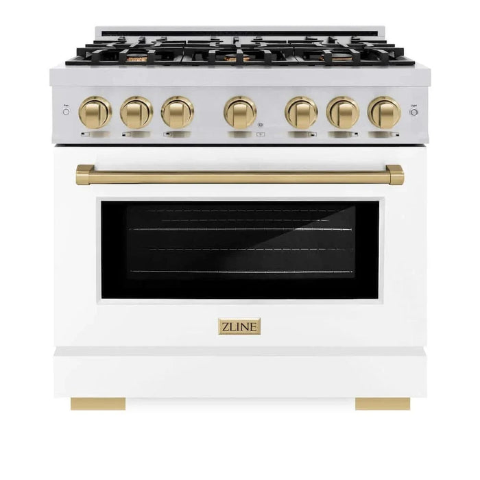 ZLINE 36"" Select Dual Fuel Range Gas Cooktop Electric Convection Oven Stainless Steel White Matte Doors Champagne Bronze HDRZ-WM-36-CB09K