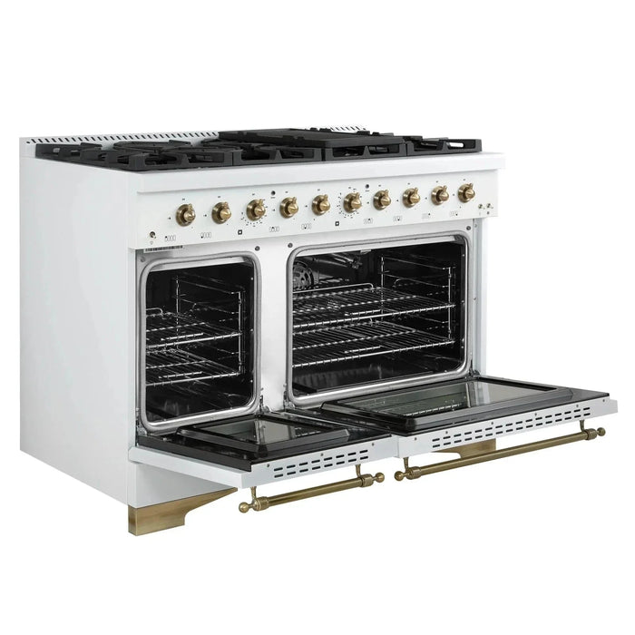 Forno Antico 48"Dual Range, 8 Gas Burner Cooktop, Electric Convection Oven White, Antique Brass Trim, FFSGS6113-48WHT09K