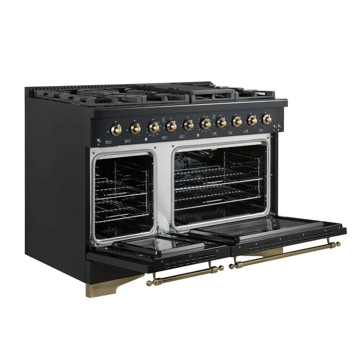 Forno Antico 48"Gas Range 8 Gas Burner Cooktop, Gas Convection Oven Black, Antique Brass Trim, FFSGS6219-48BLK09K