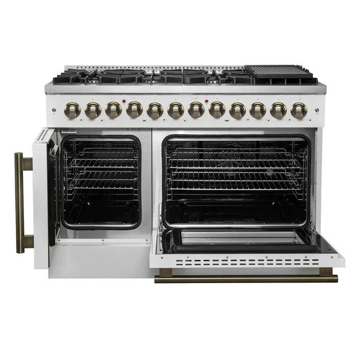 Forno Galiano 48" French Door Dual Fuel Range, 8 Burners, Electric Convection Oven, White Antique Brass Trim, FFSGS6356-48WHT09K