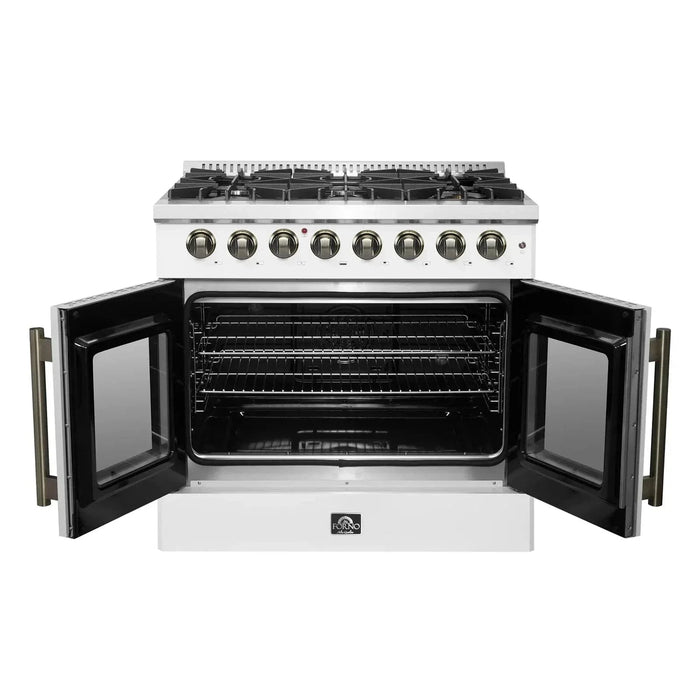 Forno Galiano 36"French DoorDual Fuel Range, Gas Stove, Electric Oven White, Antique Brass Trim, FFSGS6356-36WHT09K