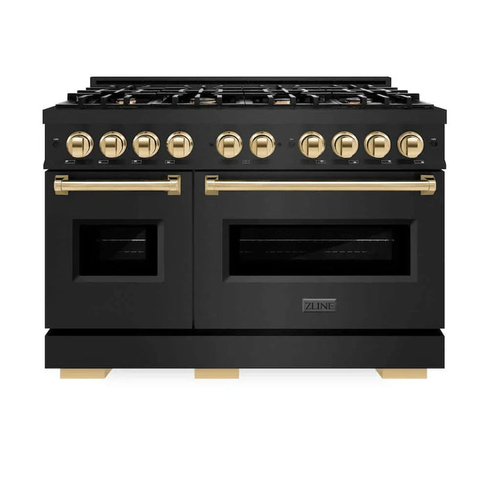 ZLINE 48" Dual Fuel Range, Gas Cooktop, Electric Convection Oven Black Stainless Steel, Gold CDRBZ-48-G09K