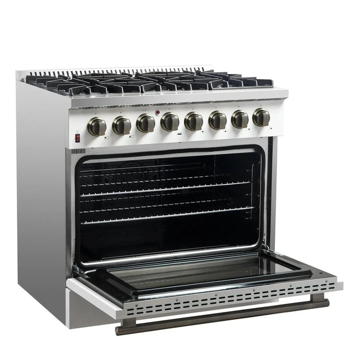 Forno Galiano Gold Professional - 36"Freestanding Dual Fuel Range Gas Stove, Electric Oven White, Antique Brass Trim, FFSGS6156-36WHT09K