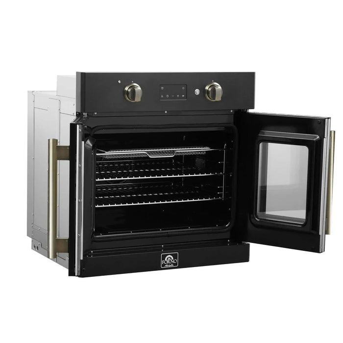 Forno Asti 30"French Door Electric Wall Oven in Black with Antique Brass Trim, FBOEL1333-30BLK09K