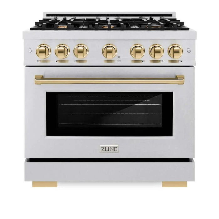 ZLINE 36" Select Dual Fuel Range Gas Cooktop Electric Convection Oven DuraSnow® Stainless Steel Gold HDRSZ-36-G09K