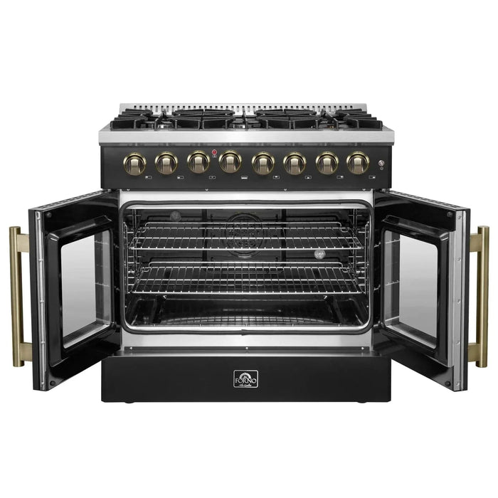 Forno Galiano 36"French DoorDual Fuel Range, Gas Stove, Electric Oven Black, Antique Brass Trim, FFSGS6356-36BLK09K
