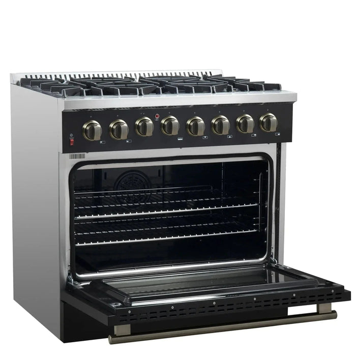 Forno Galiano Gold Professional - 36"Freestanding Dual Fuel Range Gas Stove, Electric Oven Black, Antique Brass Trim, FFSGS6156-36BLK09K