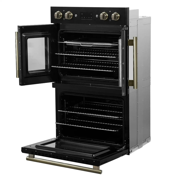 Forno Asti 30" Double Electric Wall Oven, Upper French Doors, Black with Antique Brass Trim, FBOEL1340-30BLK09K