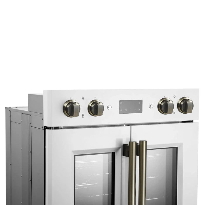 Forno Asti 30" Double Electric Wall Oven, Upper French Doors, White with Antique Brass Trim, FBOEL1340-30WHT09K