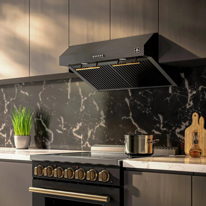 Forno Espresso Package - 30" Electric Range, Range Hood and Refrigerator in Black with Silver Handles FBDL-001-02US09K