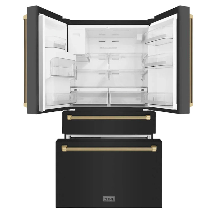 ZLINE Autograph Edition 36" Counter-Depth French Door Refrigerator, Water, Ice Dispenser, Fingerprint-Resistant Black Stainless Steel, Helix Handles RFMZ-W36-BS-KCB09K