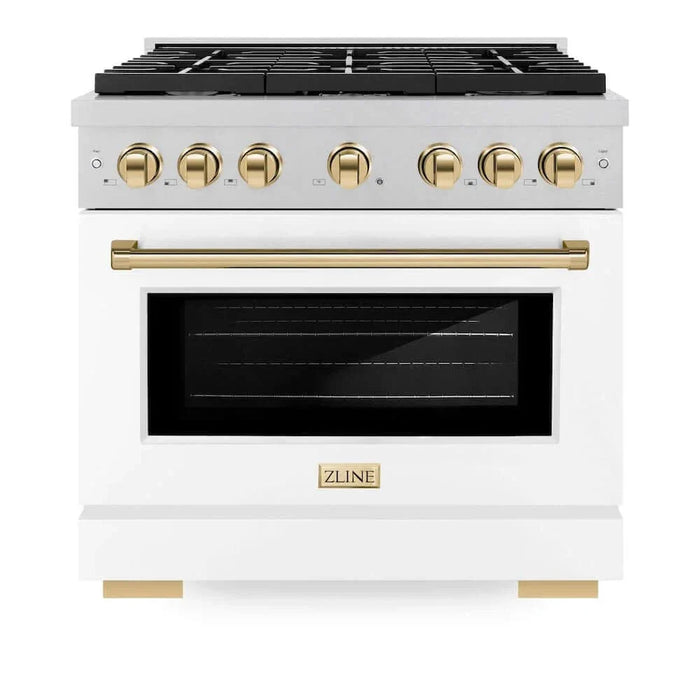 ZLINE 36"Gas Range, Convection Gas Oven, DuraSnow® White Matte, Gold SGRSZ-WM-36-G09K