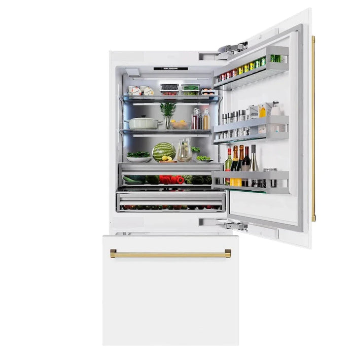 ZLINE 36" Built-In Bottom Freezer Refrigerator,Water Dispenser, Ice Maker, White Matte Polished Gold RBITZ-WM-36-G09K