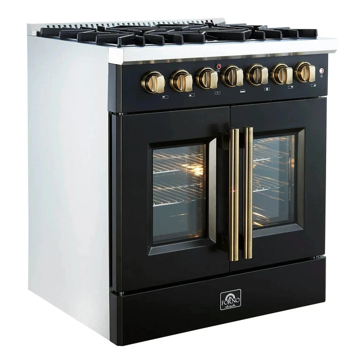 Forno Galiano 30"French Door Dual Fuel Range 5 Gas Burners, Electric Convection Oven Black, Antique Brass Trim, FFSGS6356-30BLK09K