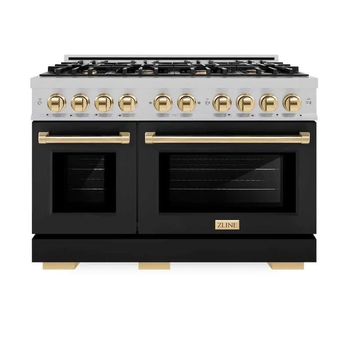 ZLINE 48" Select Dual Fuel Range Gas Cooktop Electric Convection Oven DuraSnow® Stainless Steel Black Matte Door Gold HDRSZ-BLM-48-G09K