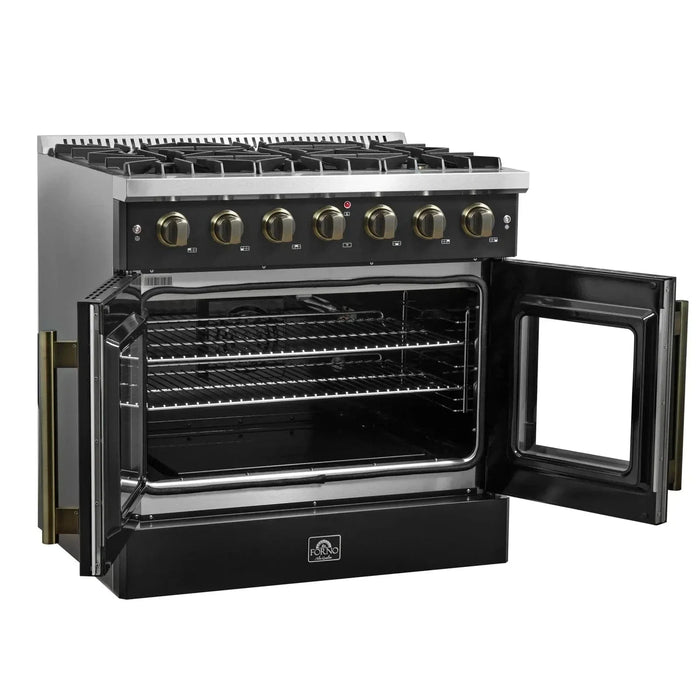 Forno Galiano 36." French Door All Gas Range, Black, Antique Brass Trim,FFSGS6444-36BLK09K