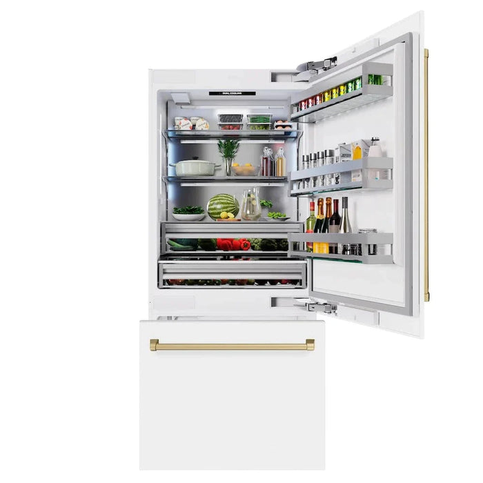ZLINE 36" Built-In Bottom Freezer Refrigerator,Water Dispenser, Ice Maker, White Matte Champagne Bronze RBITZ-WM-36-CB09K